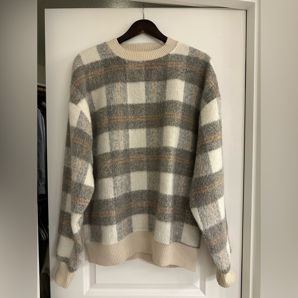 OAK + FORT Plaid Sweater - Gray, Cream, and Tan